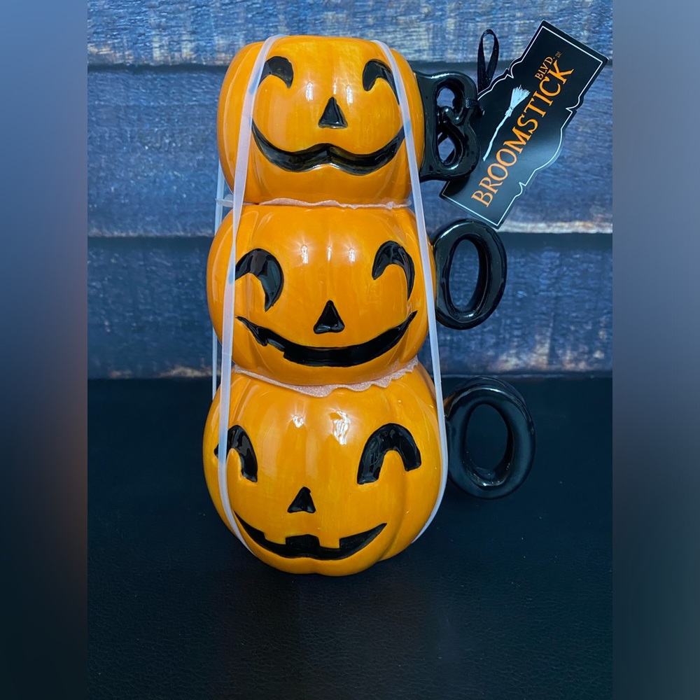 Broomstick Blvd Halloween Pumpkin Mug Stack